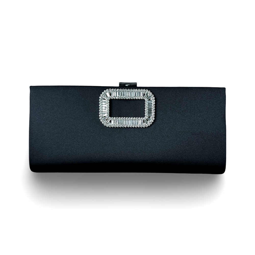 Black Satin Crystal Clutch with Metal Strap